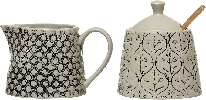 Creative Co-Op 6 oz. Hand-Stamped Stoneware Creamer Sugar Jar with Spoon Sugar & Creamer, 8.25", ... | Amazon (US)