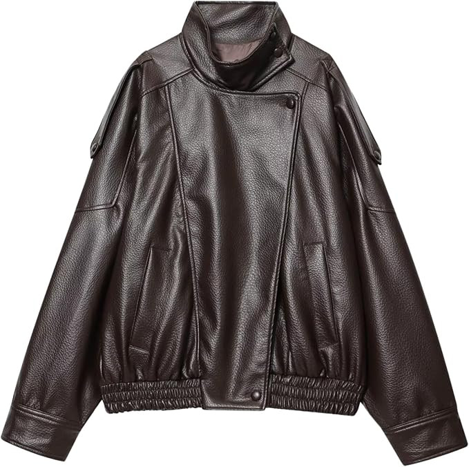FindThy Women’s Oversized Faux Leather Jacket Casual High Collar Long Sleeve Zip Up Fall Fashio... | Amazon (US)