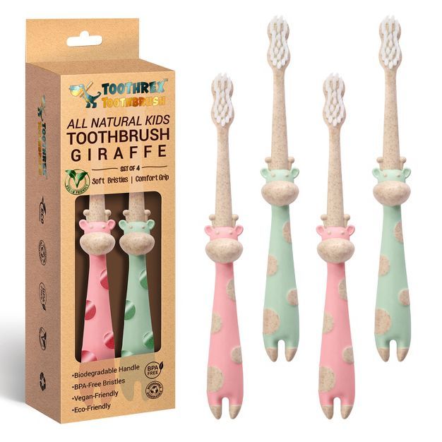 ROARex All-Natural Kids Toothbrush, 4-36 Months, Giraffe, Rose/Mint - 4 Count | Target