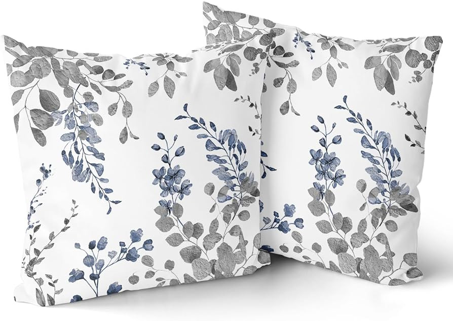 Leaf Branch Throw Pillow Covers - Vintage Blue and Grey Floral Leaves Pillow Cases 18x18 Inch Mod... | Amazon (US)