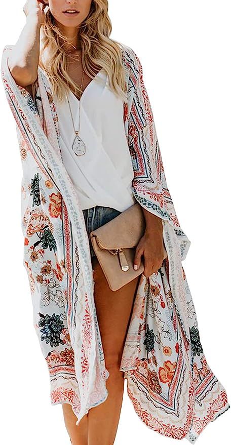 Women's Long Flowy Kimono Cardigan Boho Chiffon Floral Beach Cover Up Tops | Amazon (US)