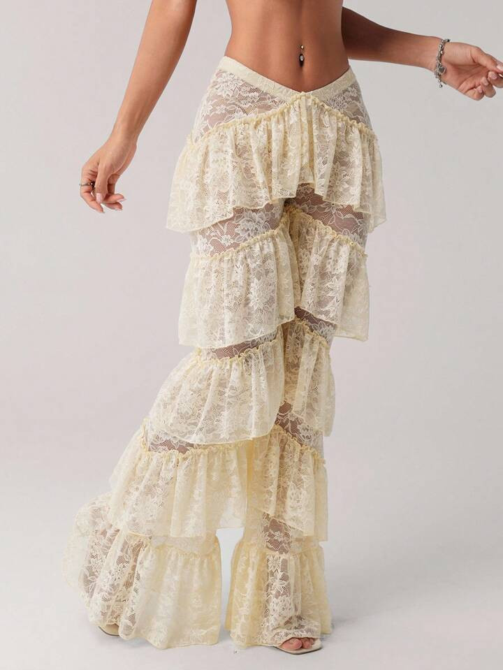 SHEIN ICON Y2k Women's V-Front Waistband Western Party Layered Ruffle Hem Lace Low Waist Long Pants Lace Ruffle Pants Bohemian Layered Bohemian Lace Pants Layered Lace Pants | SHEIN