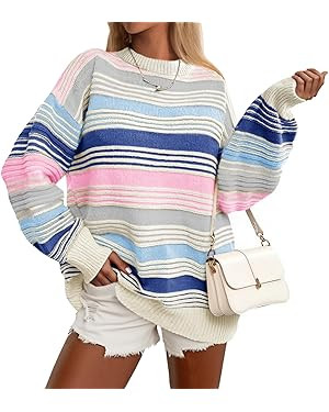 Saodimallsu Womens Striped Sweater Color Block Crew Neck Long Sleeve Fall Colorful Rainbow Knit L... | Amazon (US)