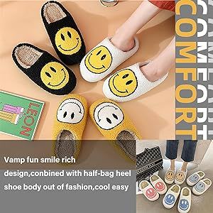 Smiley Face Slippers,Retro Soft Plush Lightweight House Slippers Slip-on Cozy Indoor Outdoor Slip... | Amazon (US)