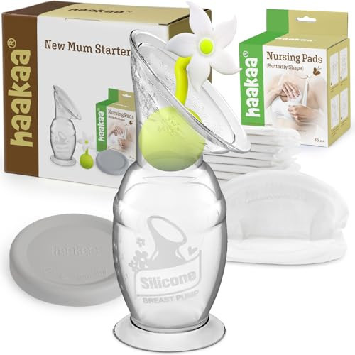 haakaa Silicone Breast Pump Manual Breast Pump with Suction Base, Flower Stopper and Silicone Lid(5oz/150ml) (White) +Disposable Nursing Pads for Breastfeeding,36pcs | Amazon (US)