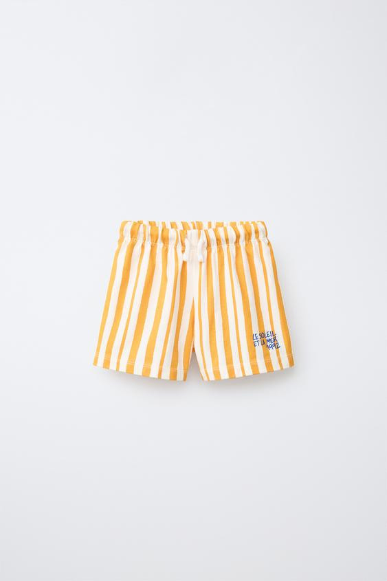 Zara - Striped Bermuda Shorts With Embroidered Text - Light Blue - 1½ Years (86 Cm) - Kids | Zara UK