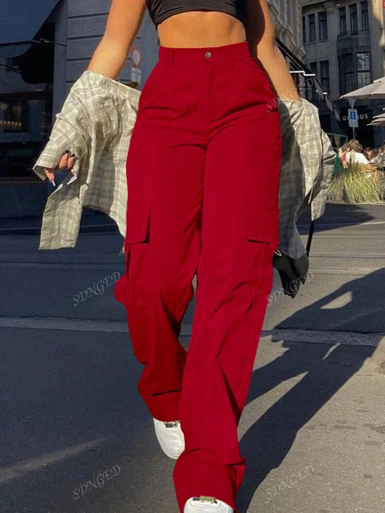 Plain Front Button Pocket Casual Cargo Pants, Everyday Wear | SHEIN