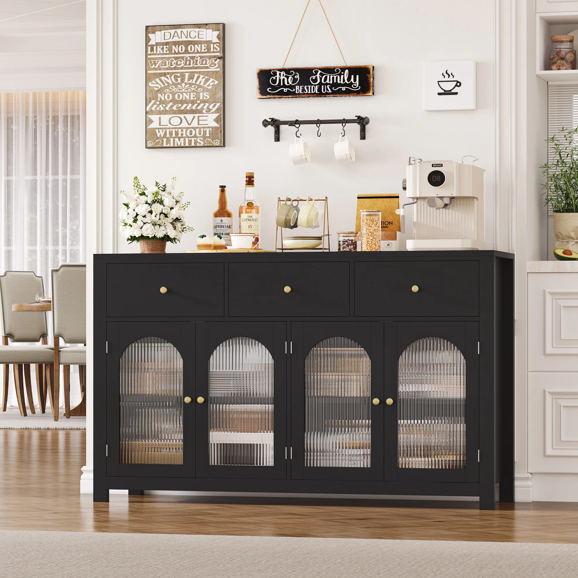 Bonnetta 55.1"W Modern Buffet Cabinet with Fluted Glass Doors - Kitchen Storage Sideboard, Coffee... | Wayfair North America