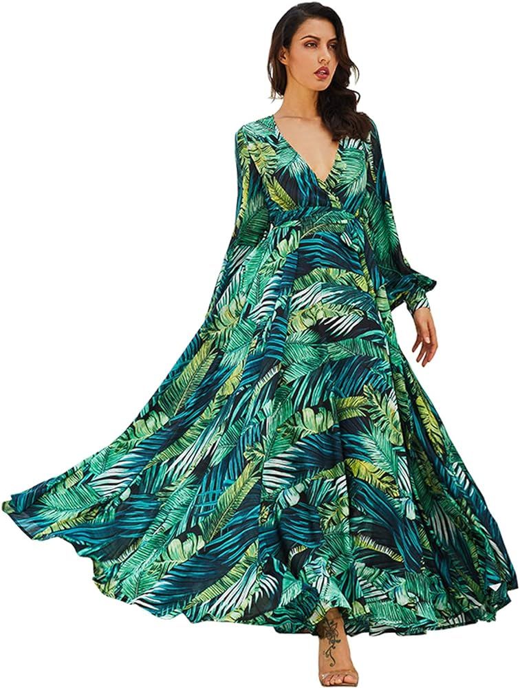 R.Vivimos Women's Chiffon Print V Neck Long Sleeve Tie Waist Casual Boho Maxi Dresses | Amazon (US)