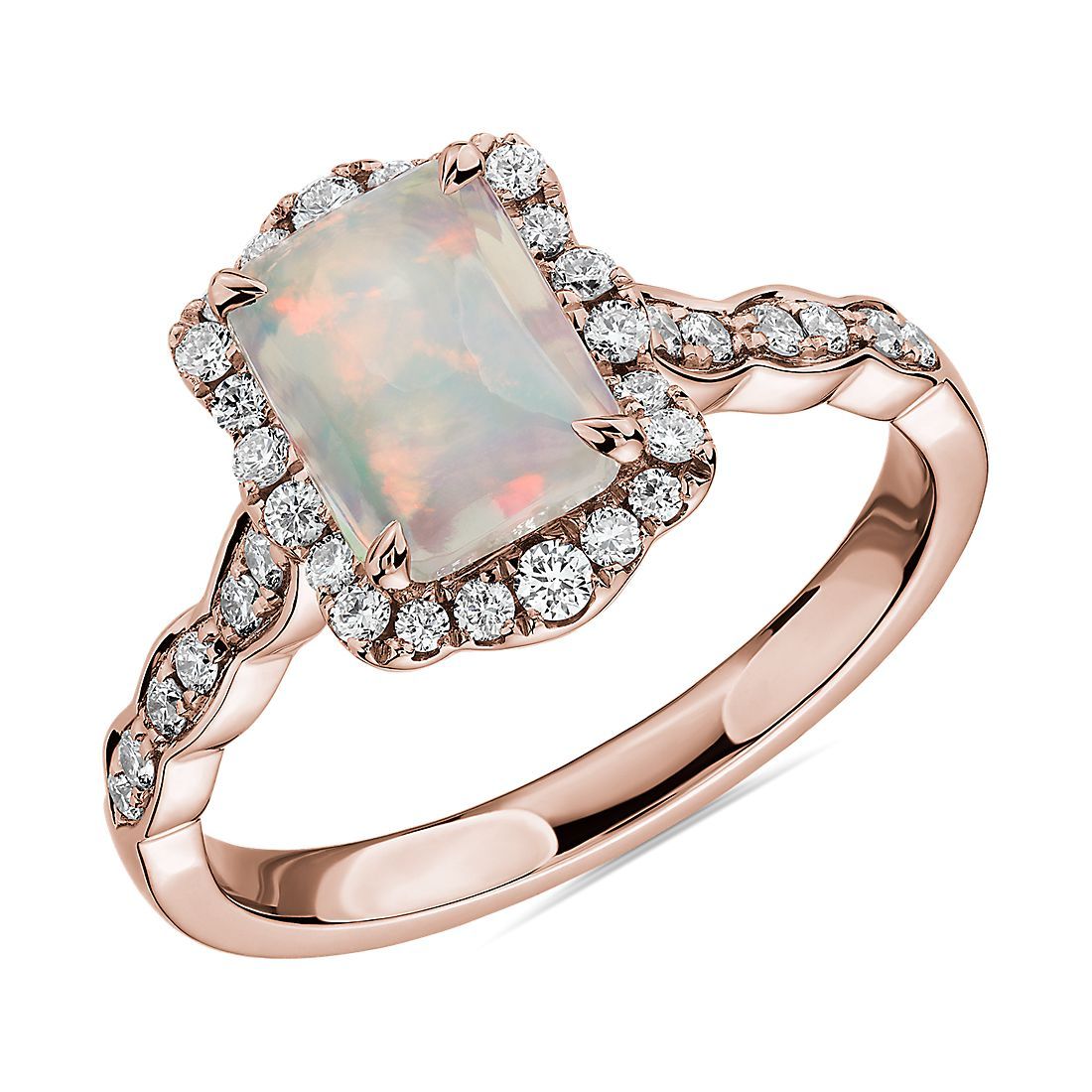Emerald Cut Opal Ring with Diamond Halo in 14k Rose Gold | Blue Nile | Blue Nile