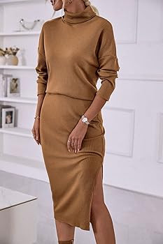 PRETTYGARDEN Women's 2 Piece Outfit Fall Long Sleeve Turtleneck Knit Ribbed Top Midi Skirt Dress Set | Amazon (US)