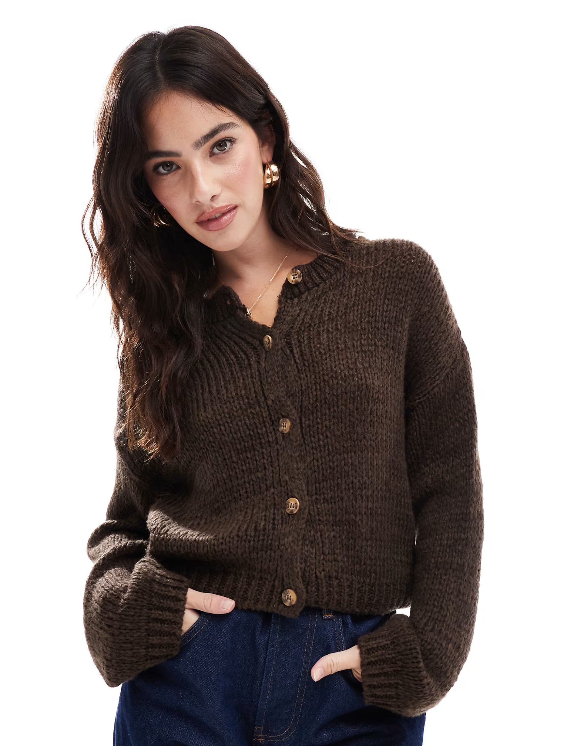 ASOS DESIGN loose knit crew neck cardigan in chocolate | ASOS (Global)