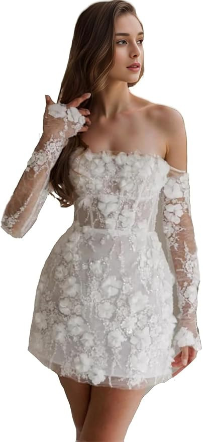 Women's Tulle Short Wedding Dresses Flower Lace Applique Mini Prom Dress Strapless Bridal Wedding... | Amazon (US)