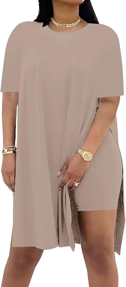 AXOSY Women Plus Size 2 Piece Outfits Short Sleeve Tunic Tops and Skinny Biker Shorts Sets Tracks... | Amazon (US)