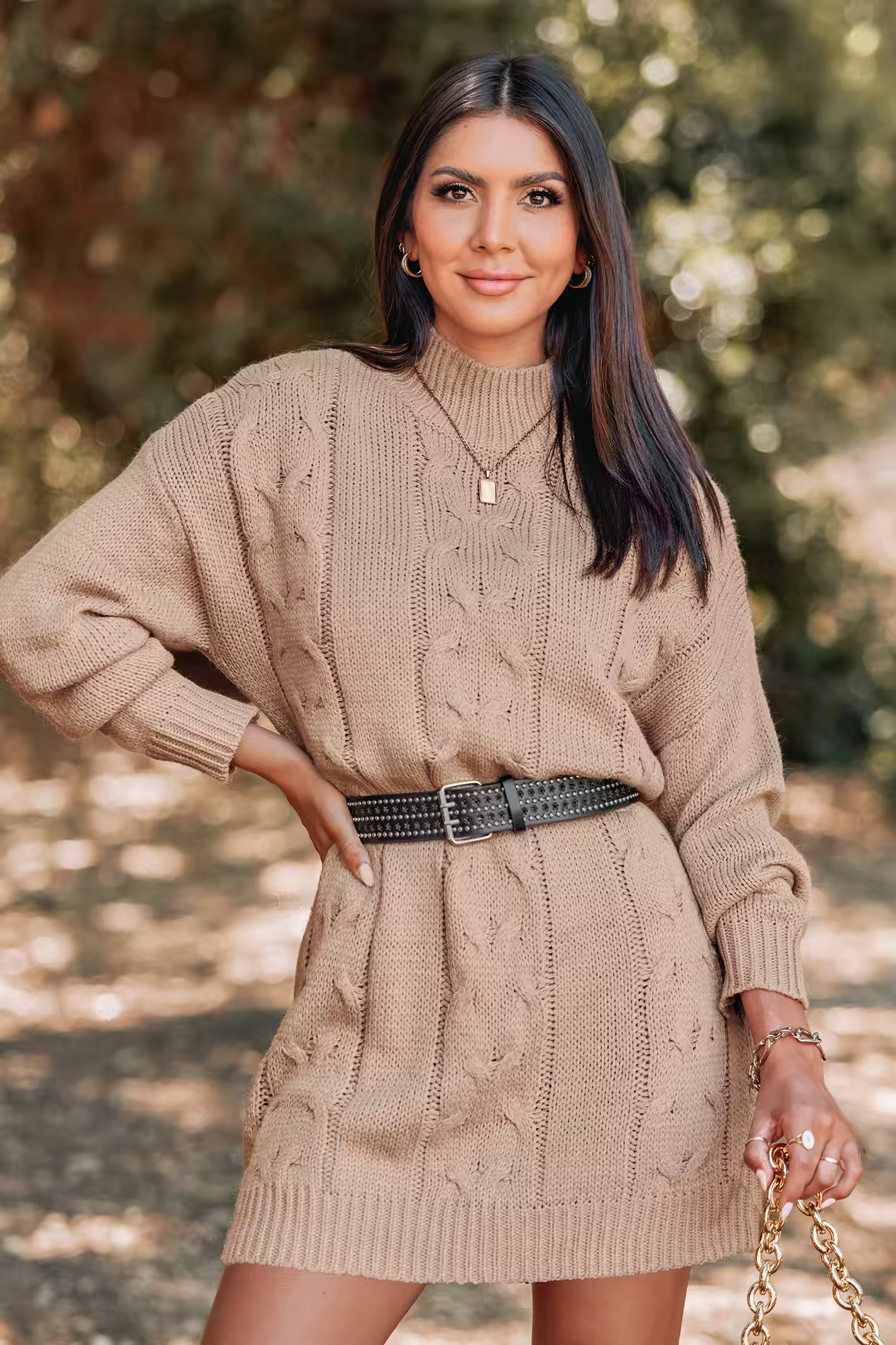 Studded Belt Cable Knit Sweater Dress | Cupshe US