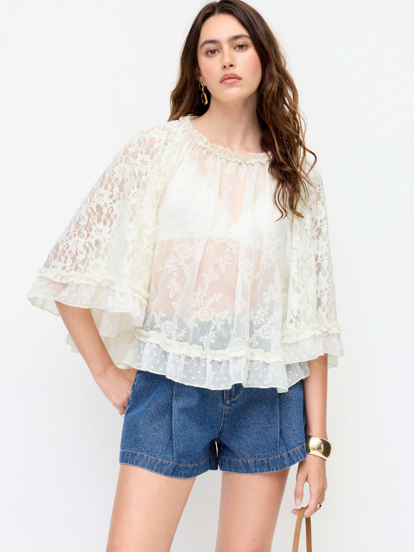 Tiss\u00e9 Lace Ruffled Round Neck Middle Sleeve Blouse For D\u00e9contract\u00e9 quotidien Renca... | Cider