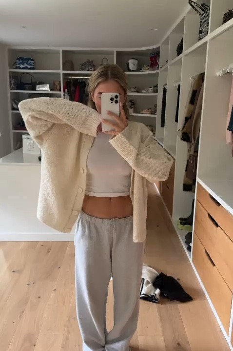 Cream cardigan, knitwear, asos, high street style, casual outfit, grey tracksuit, white cropped baby tshirt, neutrals, loungewear outfit, cosy autumn outfit

#LTKuk #LTKstyletip #LTKautumn