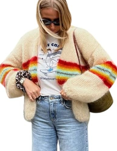 Wyeysyt Women's Crochet Sweater Cardigans Striped Color Block Open Front Knit Sweater Top(Apricot-S) | Amazon (US)