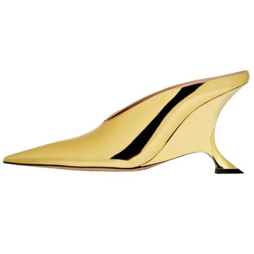 Kluolandi Metallic Heeled Mules for Women Sexy Pointed Closed Toe Slip On Wedge Mule Pumps Heels Gold Size 10.5 | Amazon (US)