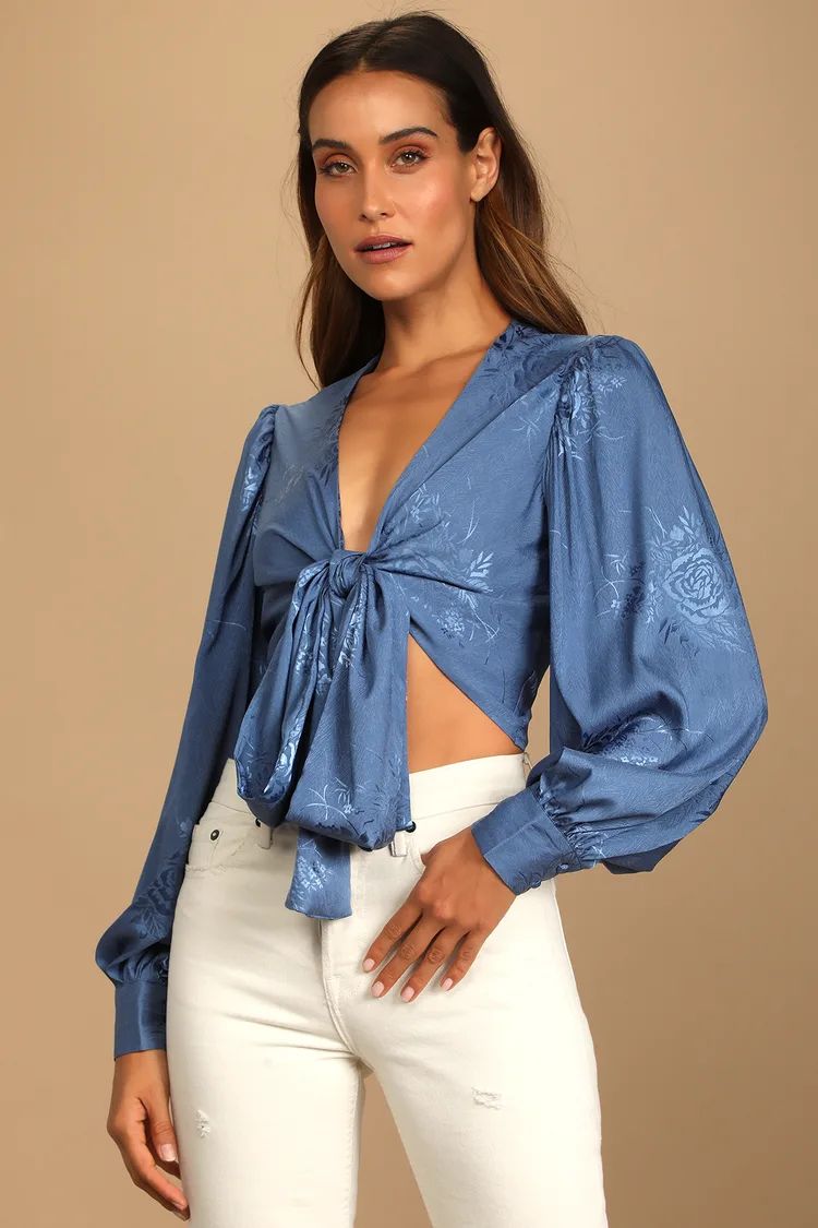 Highly Iconic Blue Satin Jacquard Tie-Front Crop Top | Lulus (US)