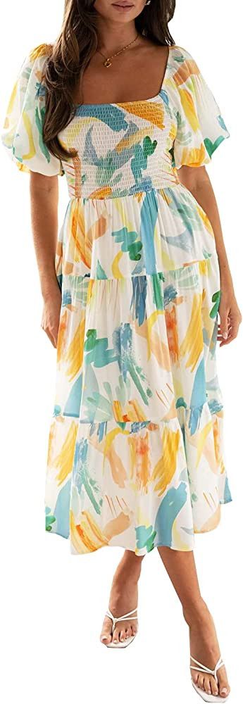 Sissyaki Women's Summer Boho Floral Print Midi Dress Square Neck Tiered Flowy Beach Long Dress, OOTD | Amazon (US)