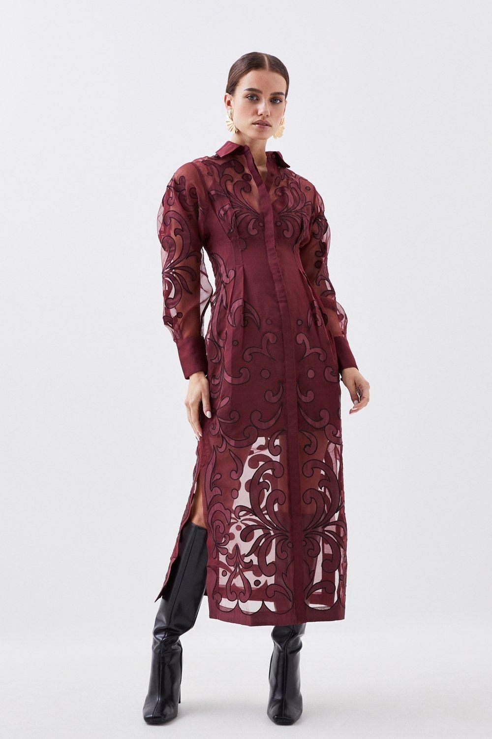 Petite Applique Organdie Woven Midi Shirt Dress | Karen Millen UK + IE + DE + NL