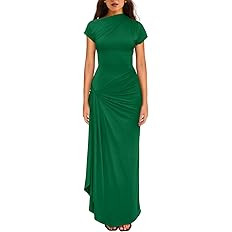 YMDUCH Women's Casual Short Sleeve Boat Neck Ruched High Split Bodycon Long Party Dress | Amazon (US)