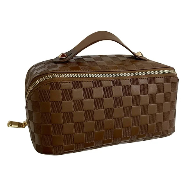 Lotpreco Checkered Makeup Bag, Portable Leather Large Cosmetic Bag, Large Capacity Travel Cosmeti... | Walmart (US)