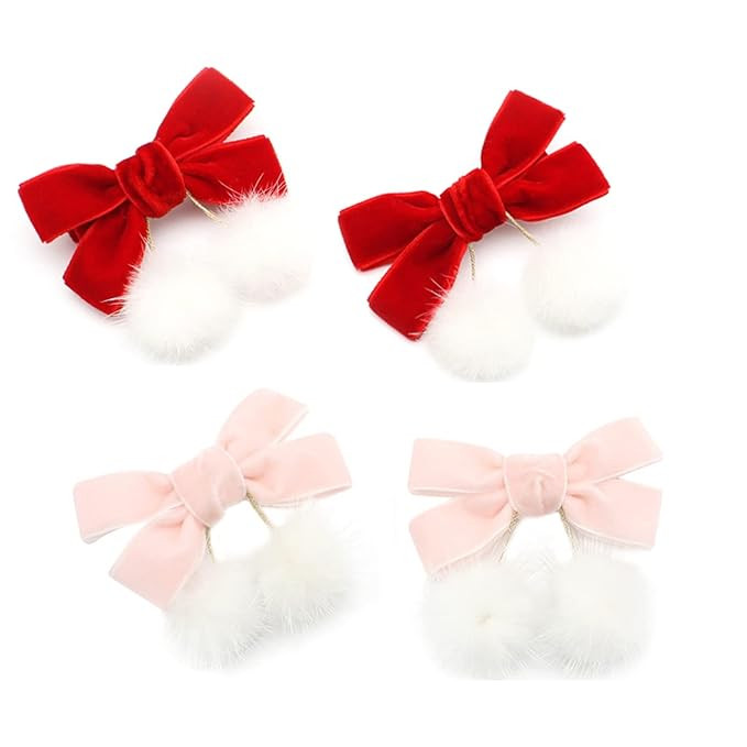 4 Pieces Christmas Red Baby Girls Chinese Style Hairy Furry Balls Velvet Bows Tassels Hair Clips ... | Amazon (US)