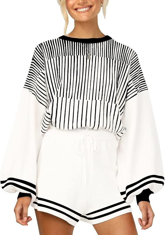 Arssm Casual Striped 2 Piece Knitted Outfits for Women Crewneck Wide Leg Knit Pullover Tops Draws... | Amazon (US)