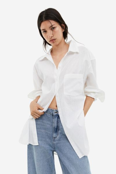 Linen-blend shirt - Black - Ladies | H&M GB | H&M (UK, MY, IN, SG, PH, TW, HK)