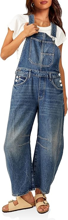 PLNOTME Womens Denim Bib Overalls Barrel Leg Adjustable Strap Jean Pants Jumpsuits with Pockets | Amazon (US)