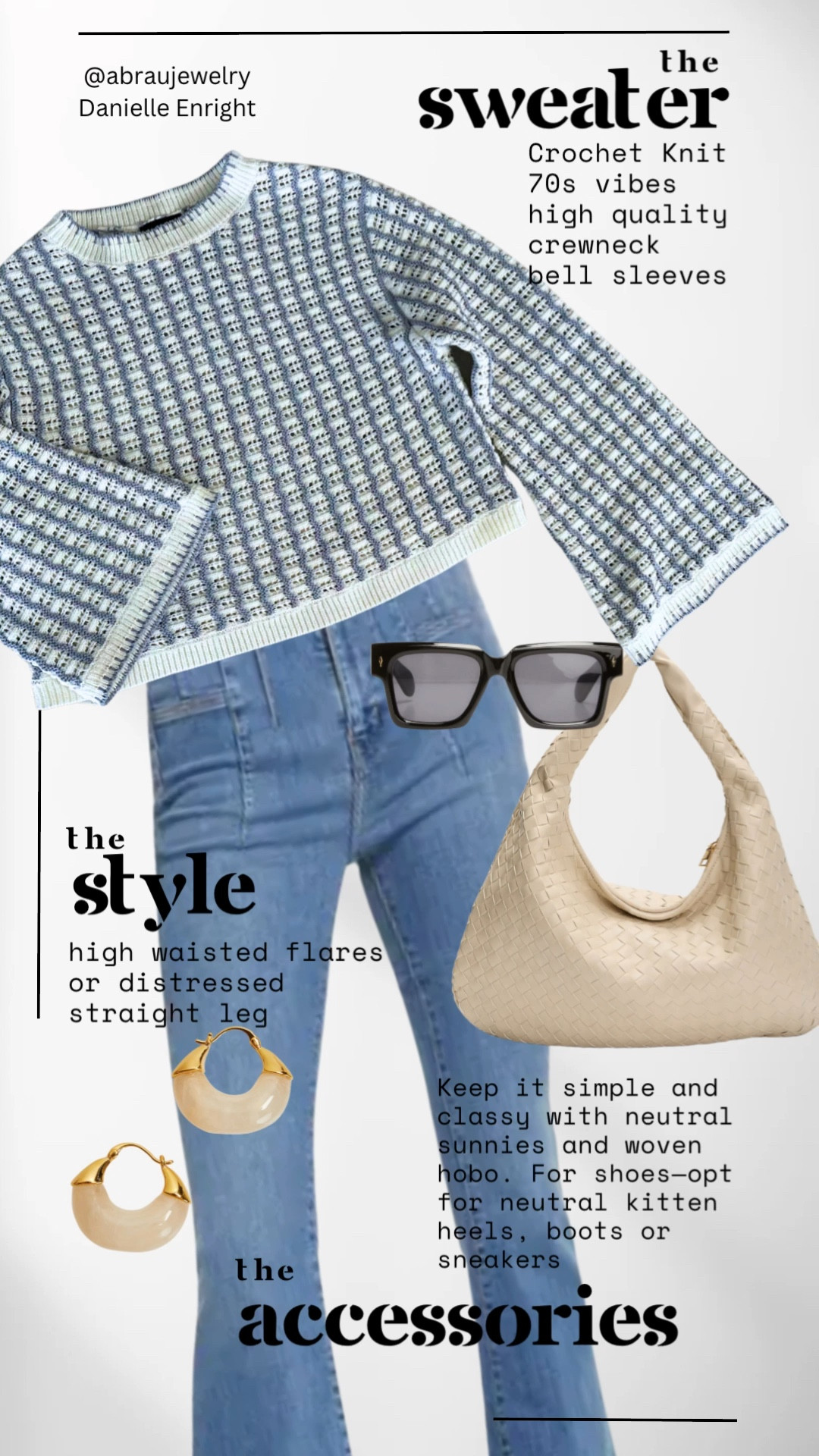 Another style option for this spring sweater. Play off the 79s vibes and pair it with some high waisted flare jeans like these favorites from Free People. Neutral accessories. 

🏷️ crochet knit sweater // crochet sweater // flare jeans // neutral bag // sunglasses // earrings // kitten heels // spring outfit 

#LTKWatchNow #LTKStyleTip #LTKSeasonal