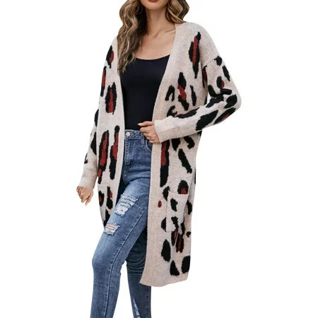 ZHAGHMIN Leopard Printed Long Sweater Cardigan for Women Loose Casual Open Front Knitwear Cardigans with Pockets Comfy Lightweight Beige SizeXL | Walmart (US)