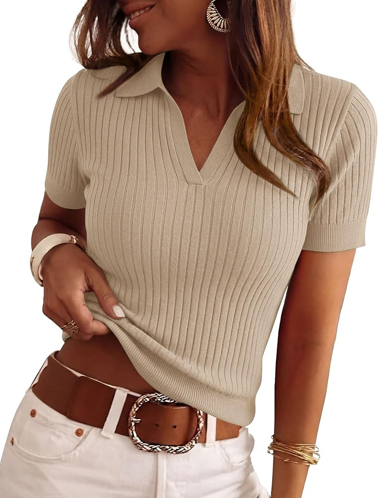 PRETTYGARDEN Women's Short Sleeve Sweater Polo Shirts | Amazon (US)