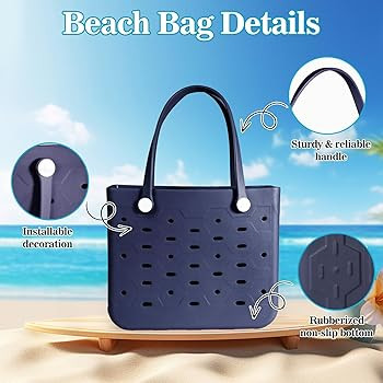 Amazon.com: PoVwlty Rubber Beach Bag for Men & Women, Water-resistant Travel Tote Bag for the Beach Boat Pool (Navy, Medium) : Clothing, Shoes & Jewelry | Amazon (US)