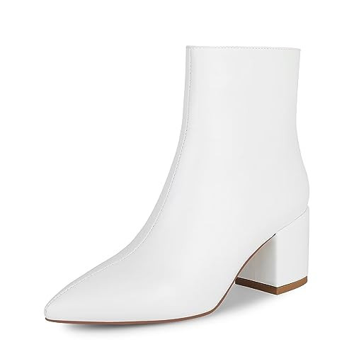 wetkiss White Chunky Ankle Boots - Low Heel, Pointed Toe, Leather, Combat Style | Amazon (US)
