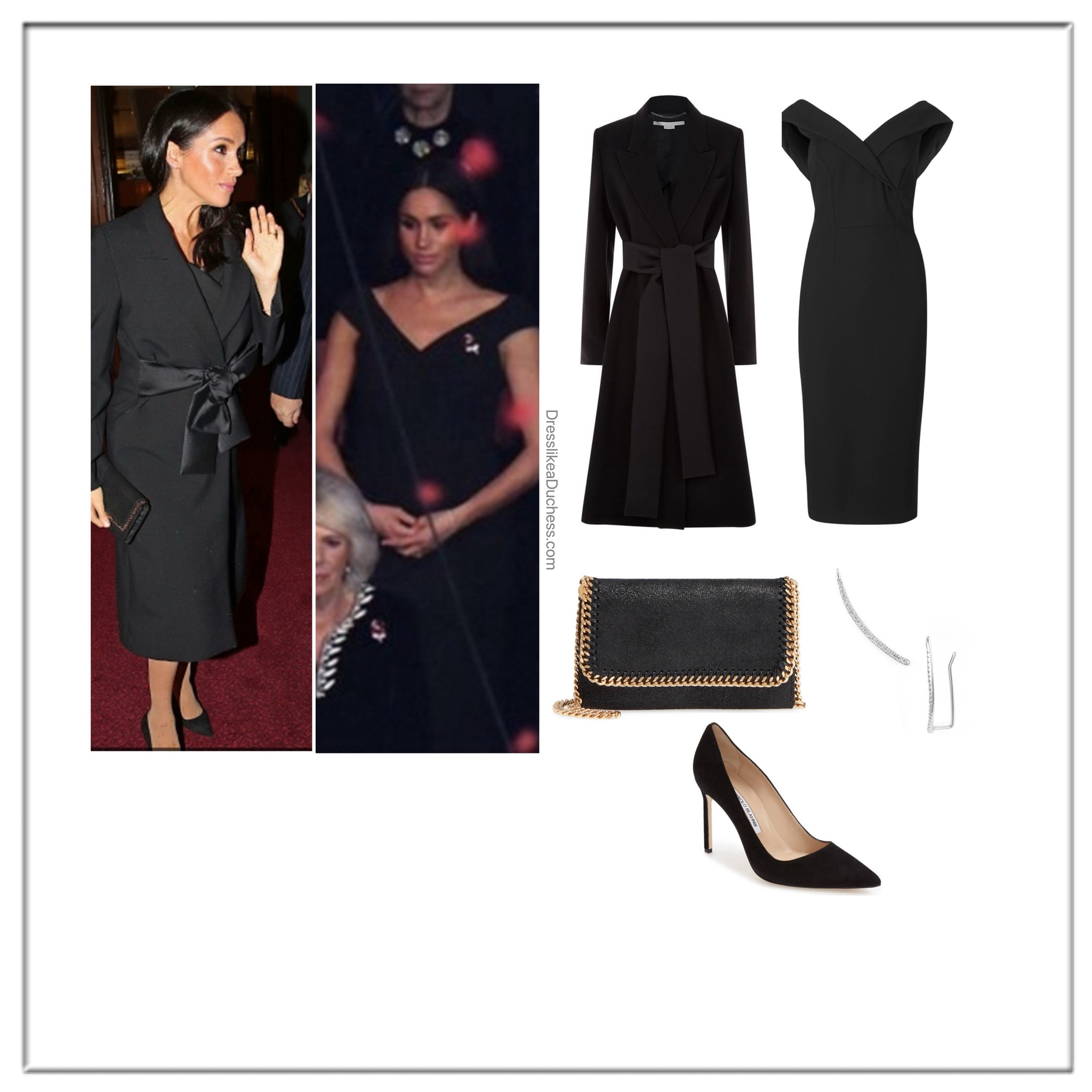 Meghan Markle marks and Spencer dress, Stella McCartney coat, Adina Reyter earrings 