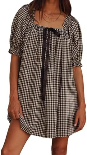 Women Plaid Summer Dress Loose Bow Square Neck Puff Sleeve Short Dress Trendy Going Out Dress Str... | Amazon (US)