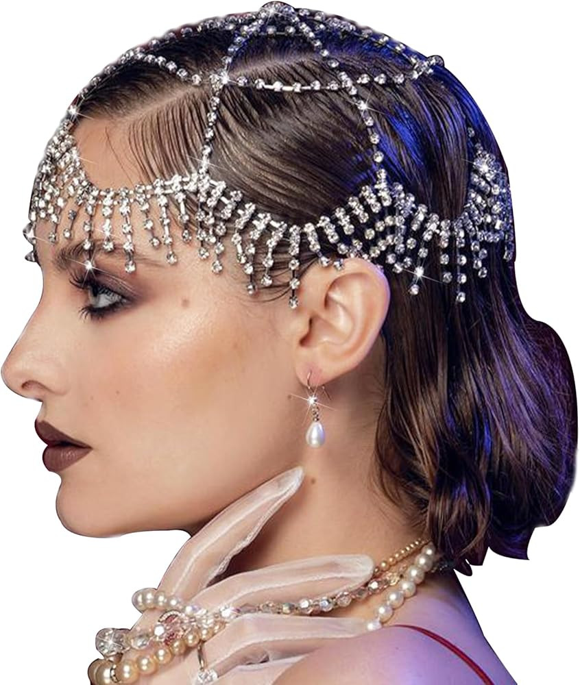 NAISKA 1920s Mesh Rhinestone Headband Cap Silver Tassel Crystal Head Chain Wedding Brides Headpie... | Amazon (US)