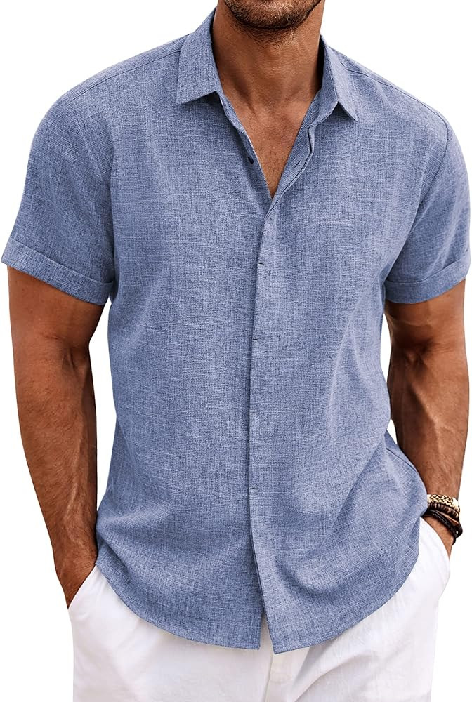 COOFANDY Men's Linen Shirts Short Sleeve Casual Shirts Button Down Shirt for Men Beach Summer Wed... | Amazon (US)