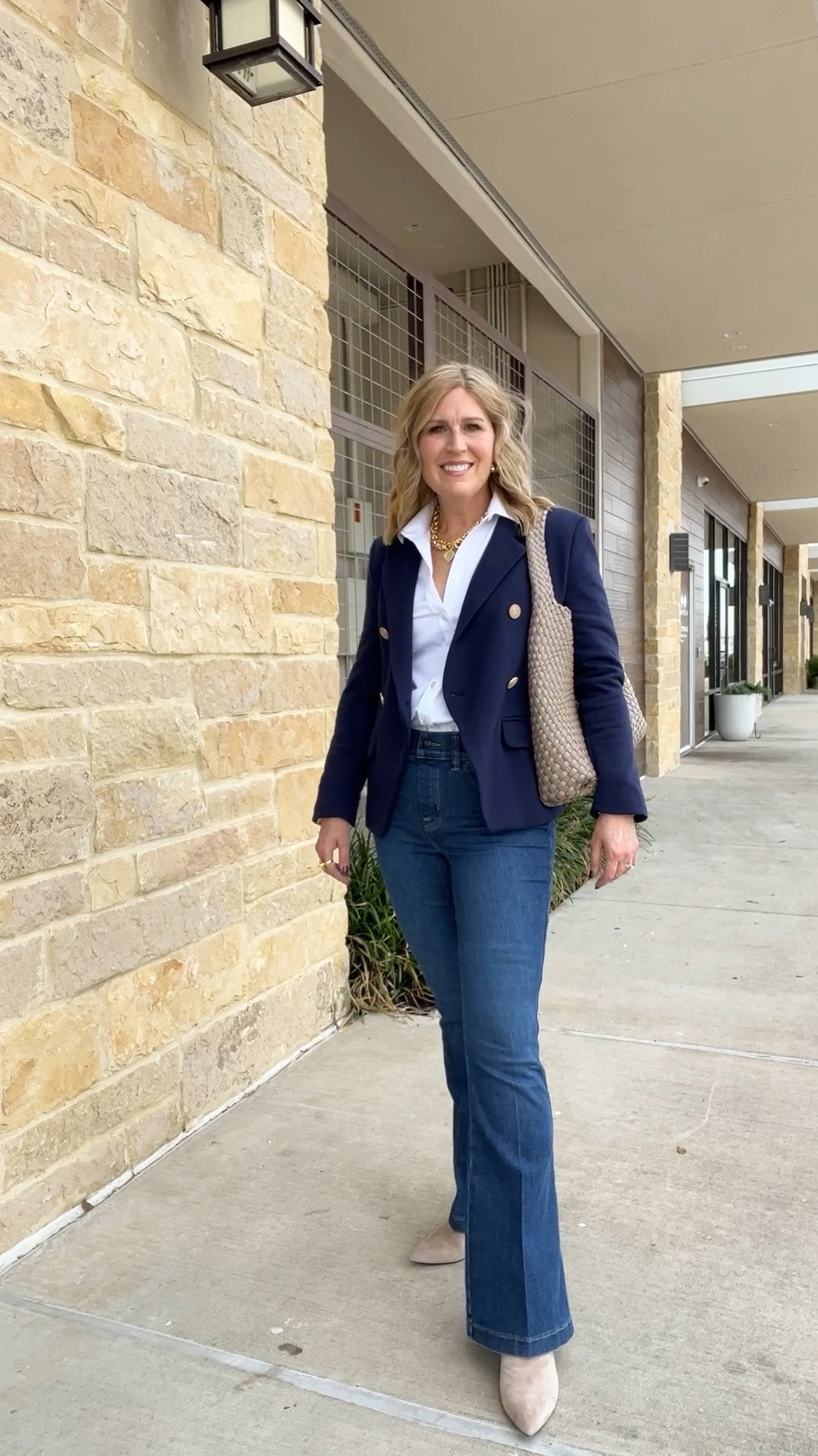 Favorite white button up shirt. Roomy fit. Stretchy. Runs tts. 
Knit double breasted blazer. Stretchy. Runs tts. Gold button details. 
Discount code for blazer: CYNTHIA10
Flare leg denim. Pullon style. Floor length. Stretchy. Fitted from hip to knee. 
Runs tts. Discount code: CINDYXSPANX 
Taupe suede boots. Cushiony. Fit true to size. Come in wide as well. 
Discount code for boots: CINDY20 

#LTKWorkwear #LTKWatchNow #LTKFindsUnder100