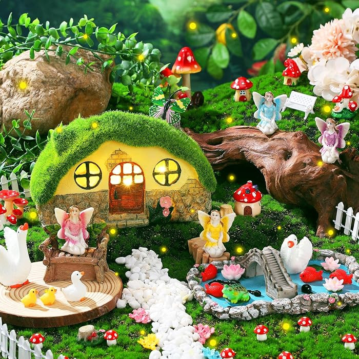 Amazon.com: Roowest 57 Pcs Solar Fairy House Garden Accessories Kit Light up Mushroom House Resin... | Amazon (US)