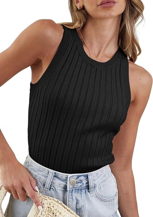 Dokotoo Womens Tank Tops 2024 Summer Sleeveless High Neck Ribbed Knit Slim Fitted Basic Solid Cam... | Amazon (US)