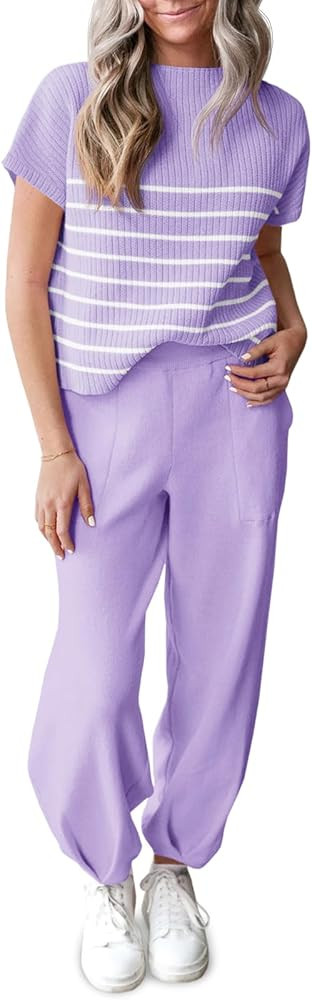 Tankaneo Women Striped Sweater Set Knit Sweatsuit Short Sleeve Two Piece Clothing Sets Tracksuit | Amazon (US)