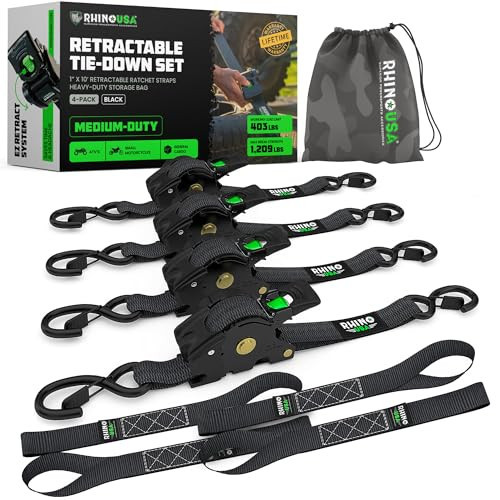 Rhino USA Retractable Ratchet Straps (4-Pack) - 1 Inch x 10 Feet (1,209lb Break Strength) - Auto Self Retracting Tie Down Straps for Truck, Cargo Trailer, Motorcycle, ATV, UTV - Black | Amazon (US)