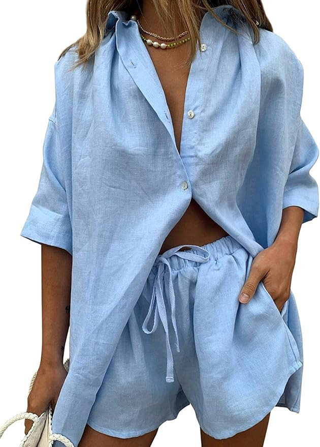 Womens 2 Piece Outfits Casual Loungewear Sets Stripe Long Sleeve Shirt And Loose High Waisted Min... | Amazon (US)