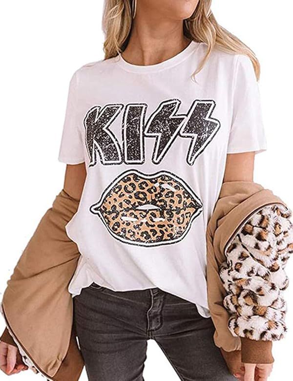 Womens Summer Loose Crewneck Short Sleeve Tops Leopard Graphic Print Shirts | Amazon (US)