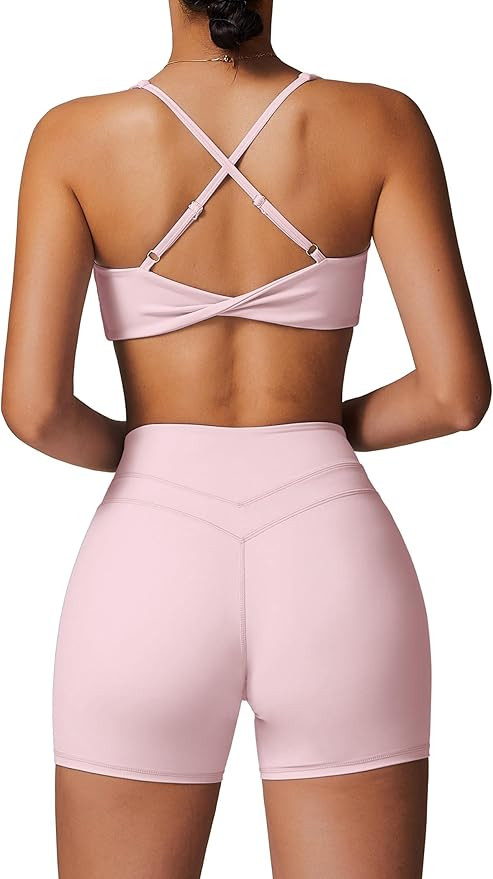 ABOCIW Workout Sets for Women 2 Piece V Neck Twist Back Sports Bra High Waist Biker Shorts Yoga O... | Amazon (US)