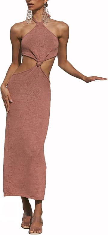 Womens Sexy Knitted Cut Out Casual Summer Beach Long Dress Spaghetti Strap/Halter Neck Backless C... | Amazon (US)